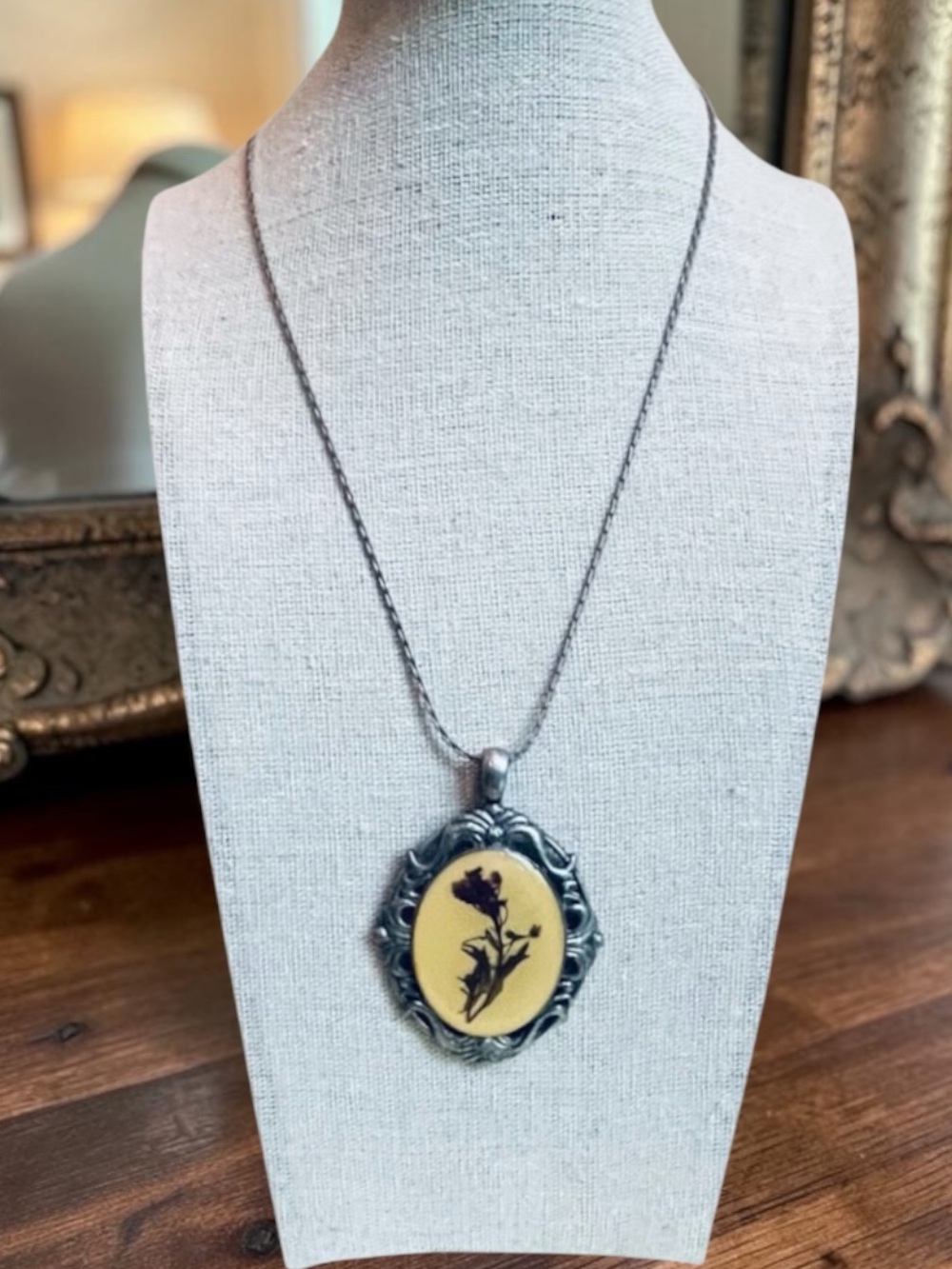 Vintage Dried Pressed Flower Silver Pendant Necklace